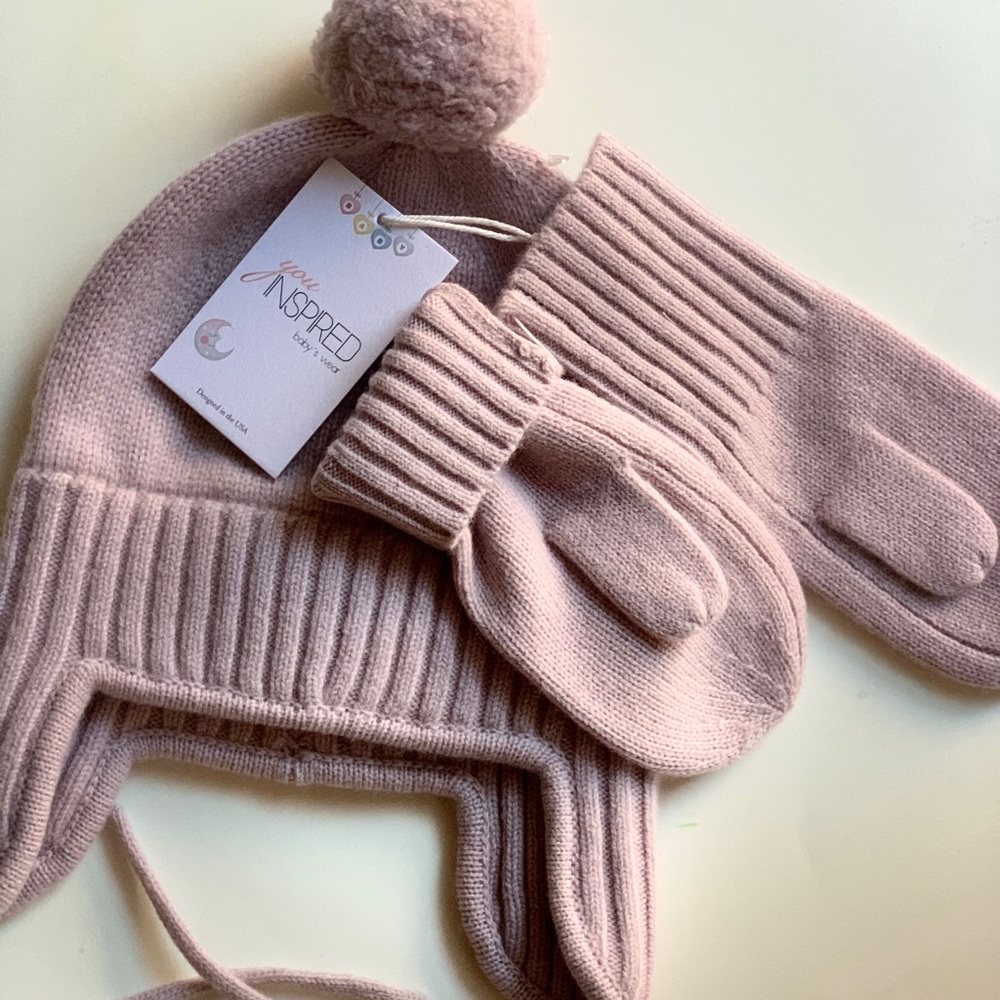 Warm knit set hats and mittens for baby toddler girls. pure merino organic wool